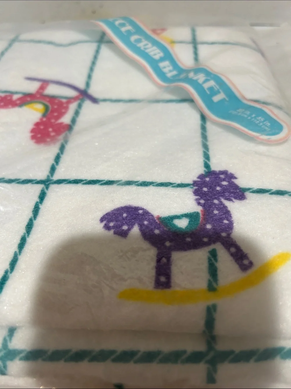 New old stock Owen cozy baby crib blanket checkered & horse motif